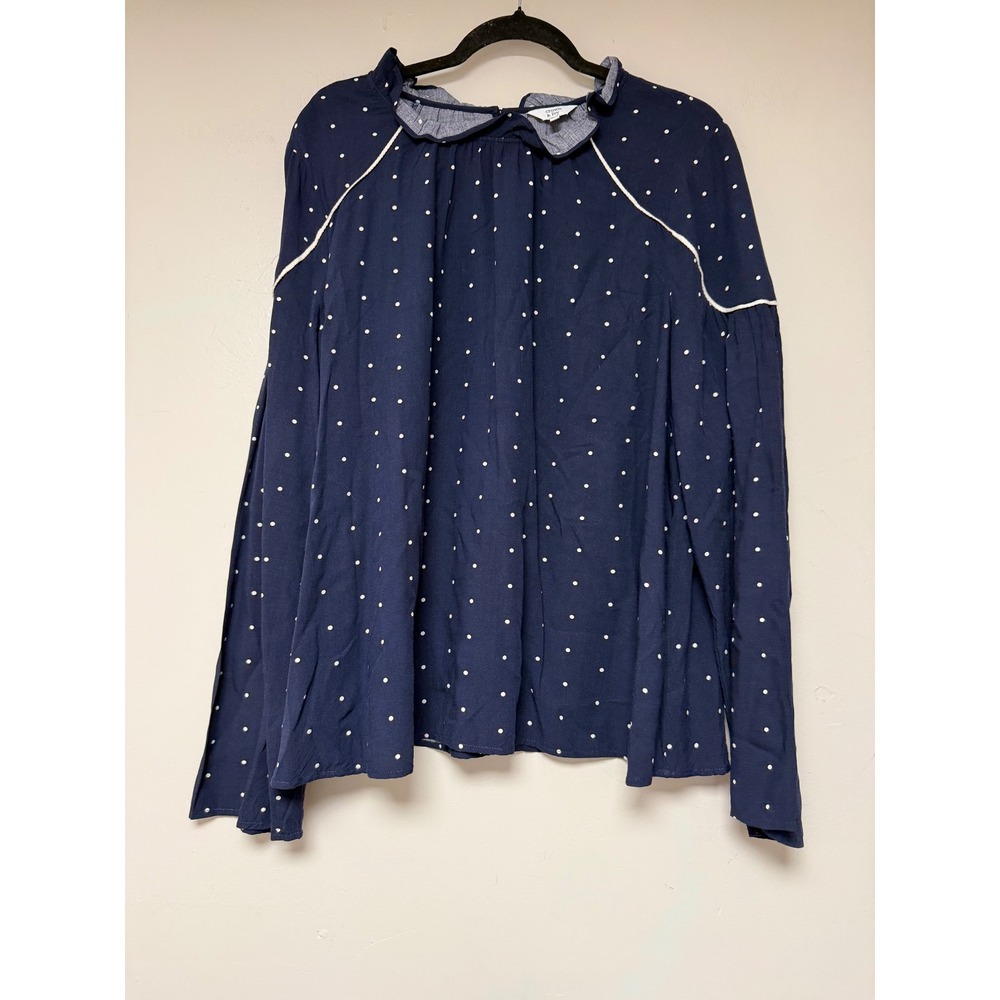 Crown & Ivy Women's XL Navy Blue Polka Dot Long‎ Sleeve Ruffle Neck Blouse Top